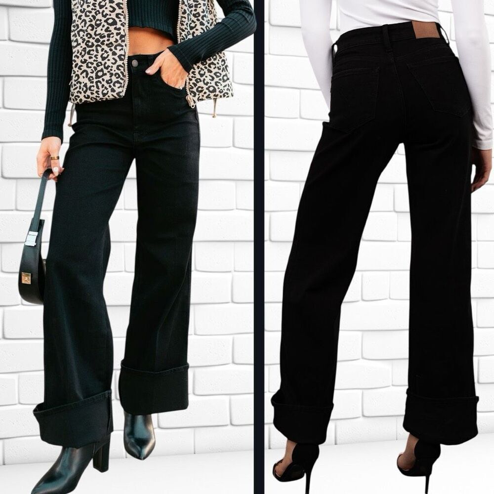 Judy Blue High Rise Black Retro Wide Leg Cuffed Jeans | 15/32 NWT